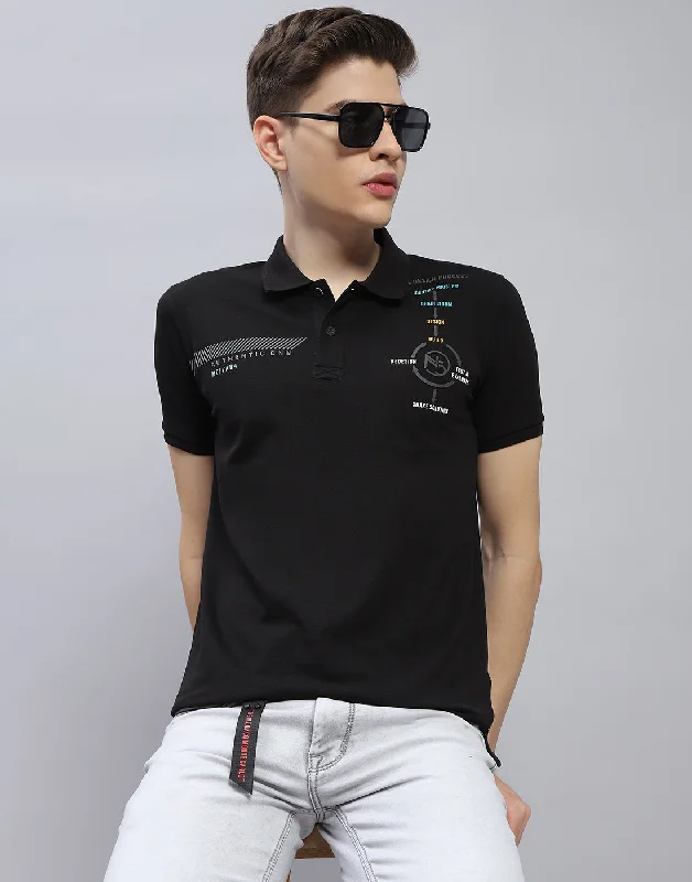 Men's Shirts with Rounded HemlinesMen Black Printed Polo Collar Half Sleeve T-Shirt Men's Shirts with Rounded HemlinesMen Black Printed Polo Collar Half Sleeve T-Shirt
