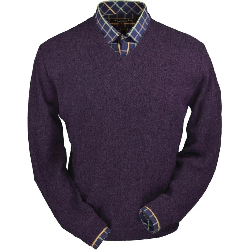 Men's Sweaters for SpringBaby Alpaca 'Links Stitch' V-Neck Sweater in Eggplant Heather by Peru Unlimited Men's Sweaters for SpringBaby Alpaca 'Links Stitch' V-Neck Sweater in Eggplant Heather by Peru Unlimited