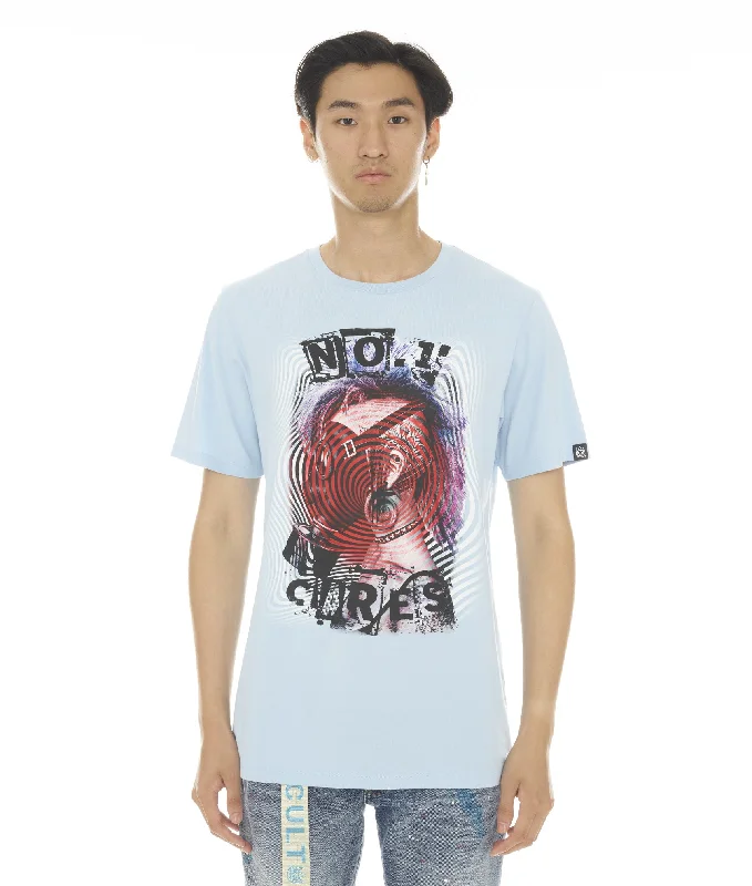 Men's Flowy Shirts for a Relaxed LookSHORT SLEEVE CREW NECK TEE "NO1 CARES" IN BABY BLUE Men's Flowy Shirts for a Relaxed LookSHORT SLEEVE CREW NECK TEE "NO1 CARES" IN BABY BLUE