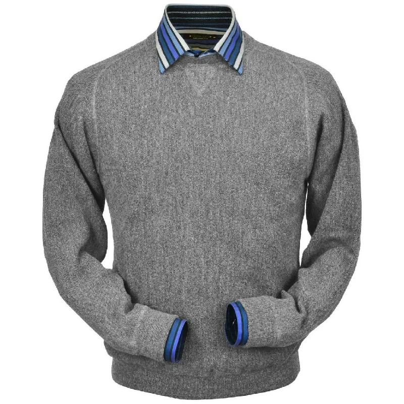 Striped Men's SweatersBaby Alpaca 'Links Stitch' Sweatshirt-Style Crew Neck Sweater in Silver Grey Heather by Peru Unlimited
