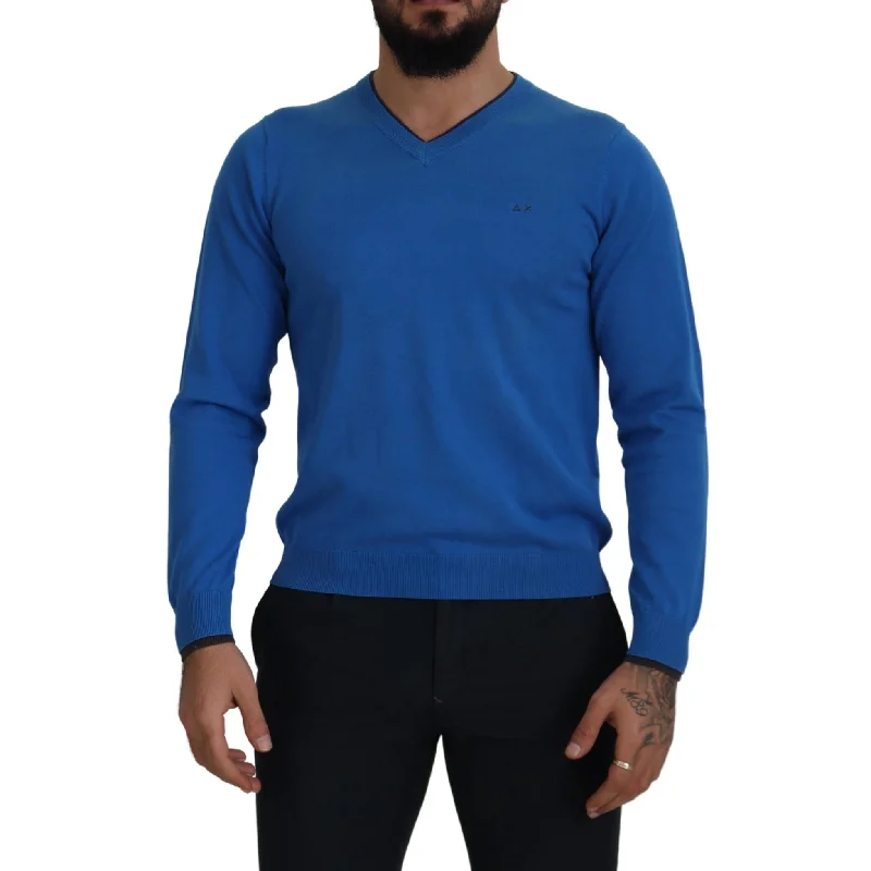 Men's Sweaters with Ribbed WaistbandsSun68 Chic Blue Cotton Pullover Men's Sweater