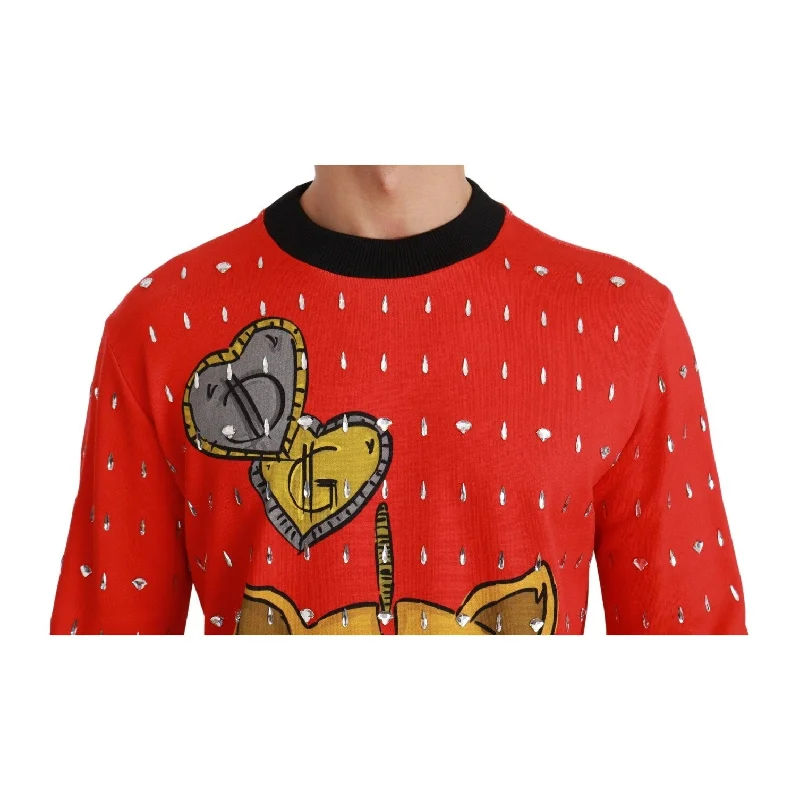 Men's Sweaters for Casual OccasionsDolce & Gabbana Elegant Red Crystal-Embellished Pullover Men's Sweater Men's Sweaters for Casual OccasionsDolce & Gabbana Elegant Red Crystal-Embellished Pullover Men's Sweater
