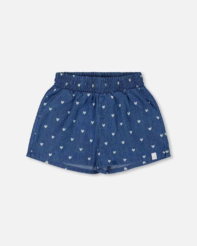 Tailored and Dressy Men's Short PantsPrinted Chambray Short Navy Blue And White Hearts Tailored and Dressy Men's Short PantsPrinted Chambray Short Navy Blue And White Hearts