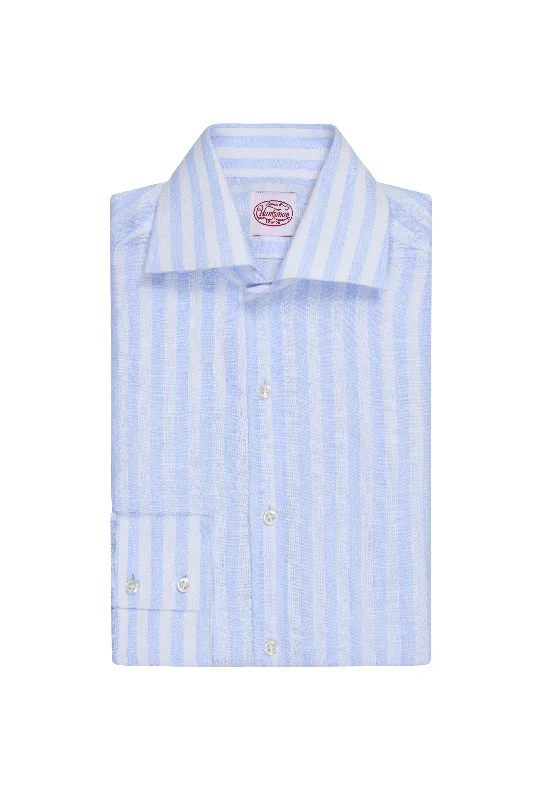 Men's Dressy Casual Shirts for Smart-Casual EventsBlue/White Stripe Single Cuff Linen Shirt Men's Dressy Casual Shirts for Smart-Casual EventsBlue/White Stripe Single Cuff Linen Shirt