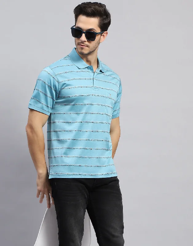 Men's Shirts with Belt AttachmentsMen Sky Blue Stripe Polo Collar Half Sleeve T-Shirt Men's Shirts with Belt AttachmentsMen Sky Blue Stripe Polo Collar Half Sleeve T-Shirt