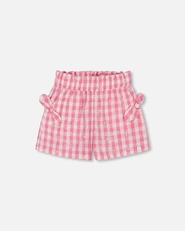 Robust Men's Denim ShortsSmocked Waist Short With Knots Pink And White Checks