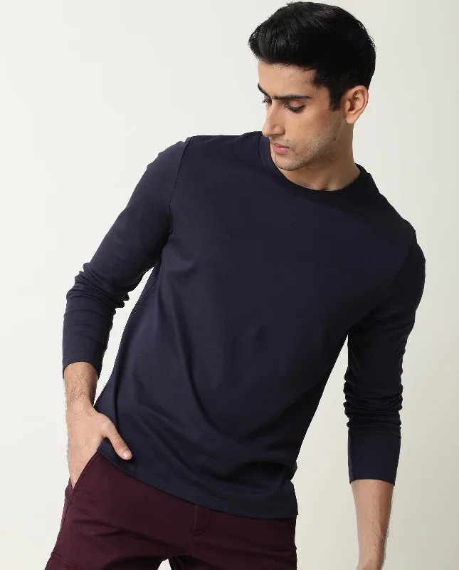 Men's Shirts with Wingtip CollarsRare Rabbit Full Primary Navy Solid Crew NeckFull Sleeves Slim Fit T-Shirt Men's Shirts with Wingtip CollarsRare Rabbit Full Primary Navy Solid Crew NeckFull Sleeves Slim Fit T-Shirt