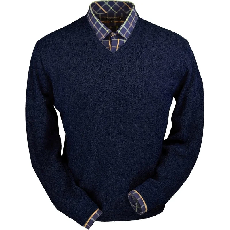 Men's Sweaters with Embroidered DesignsBaby Alpaca 'Links Stitch' V-Neck Sweater in Navy Heather (Size Small) by Peru Unlimited Men's Sweaters with Embroidered DesignsBaby Alpaca 'Links Stitch' V-Neck Sweater in Navy Heather (Size Small) by Peru Unlimited