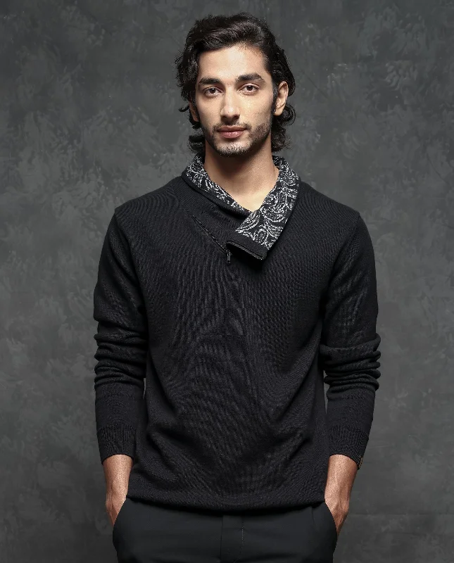 Men's Sweaters for Winter SportsRare Rabbit Mens Denora Black Cotton Fabric Full Sleeve Printed Cowl Neck Zipper Closure Plain Sweater Men's Sweaters for Winter SportsRare Rabbit Mens Denora Black Cotton Fabric Full Sleeve Printed Cowl Neck Zipper Closure Plain Sweater