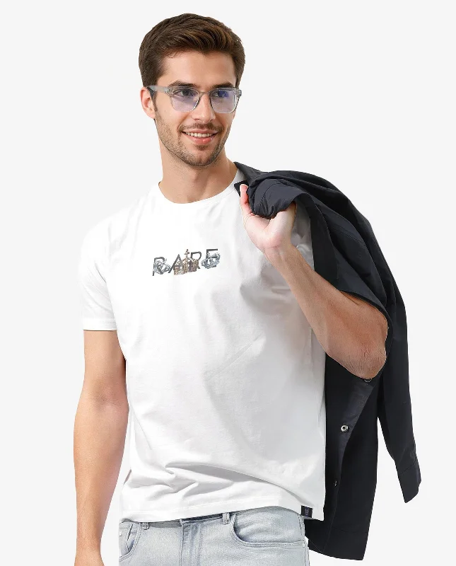 Warm Men's Fleece-Lined TopsRare Rabbit Men's Chent White Cotton Lycra Fabric Half Sleeves Graphic Print T-Shirt
