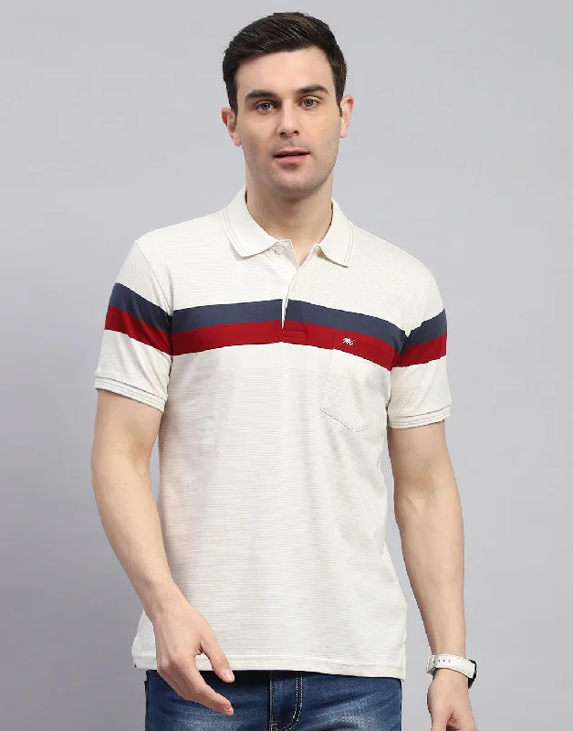 Men's Shirts with Elastic WaistbandsMen Cream Stripe Polo Collar Half Sleeve T-Shirt Men's Shirts with Elastic WaistbandsMen Cream Stripe Polo Collar Half Sleeve T-Shirt