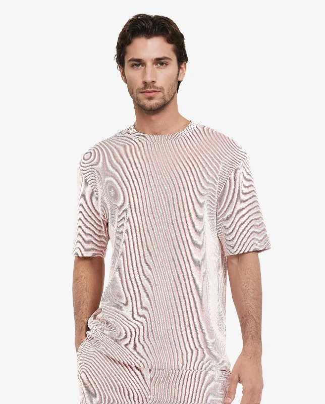 Men's Shirts with Cowl NecksRare Rabbit Men's Zavet-T Rust Cotton Polyester Fabric Short Sleeves Crew Neck Oversized Fit Self Stripe Textured T-Shirt
