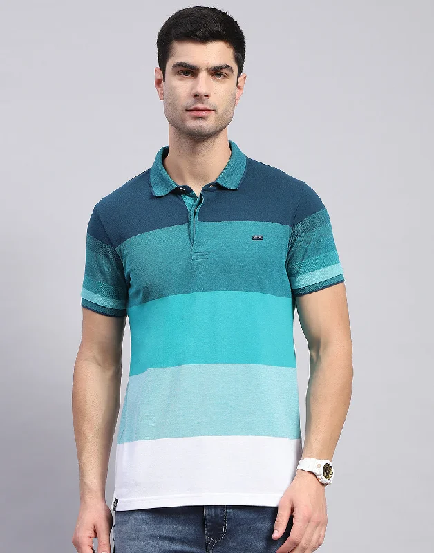 Men's Shirts with Floral PrintsMen Sea Green Stripe Polo Collar Half Sleeve T-Shirt Men's Shirts with Floral PrintsMen Sea Green Stripe Polo Collar Half Sleeve T-Shirt