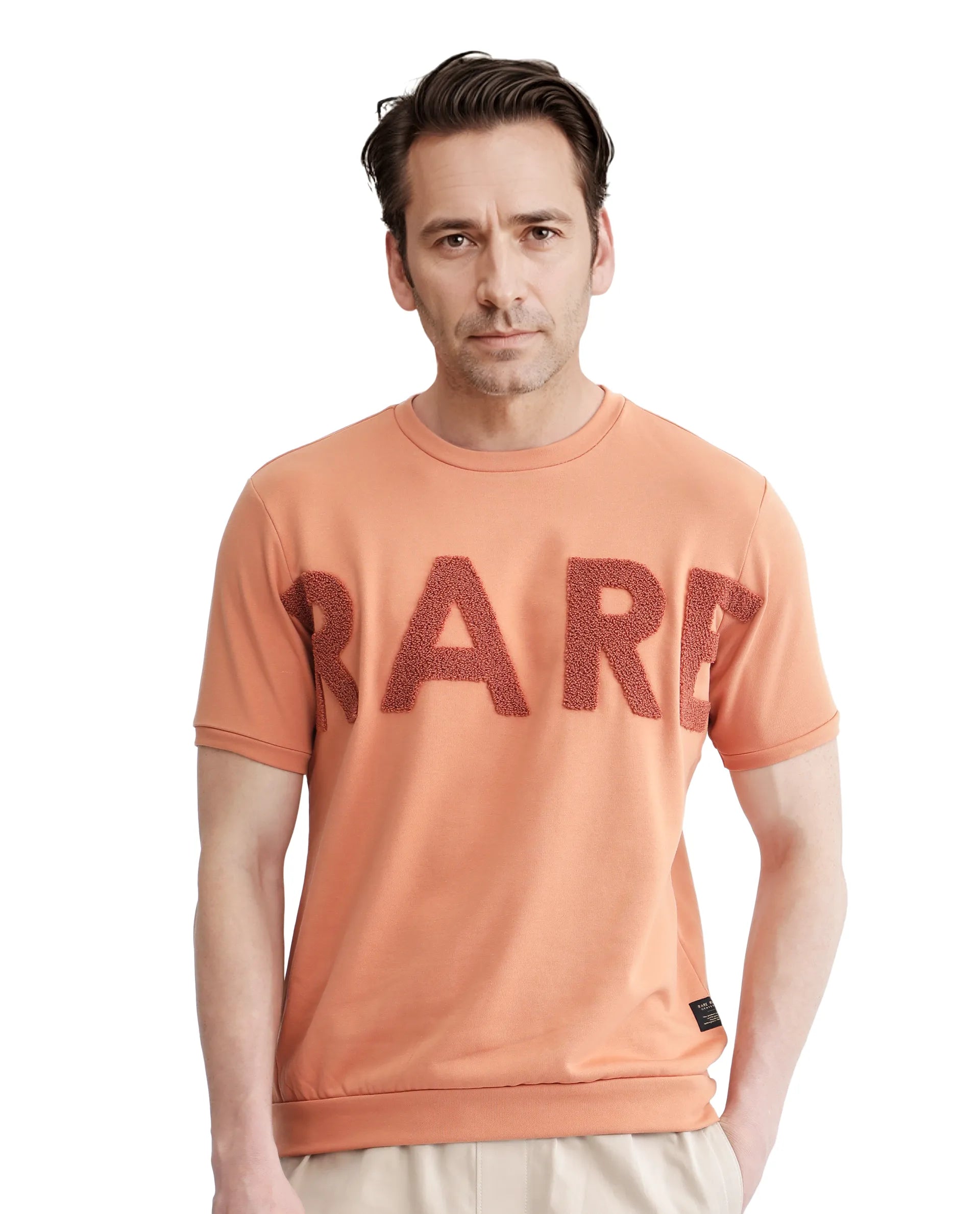 Men's Shirts with Animal PrintsRare Rabbit Men Nor-3 Dusky Orange Cotton Poly Fabric Short Sleeves Crew Neck Oversized Fit Embroidered T-Shirt