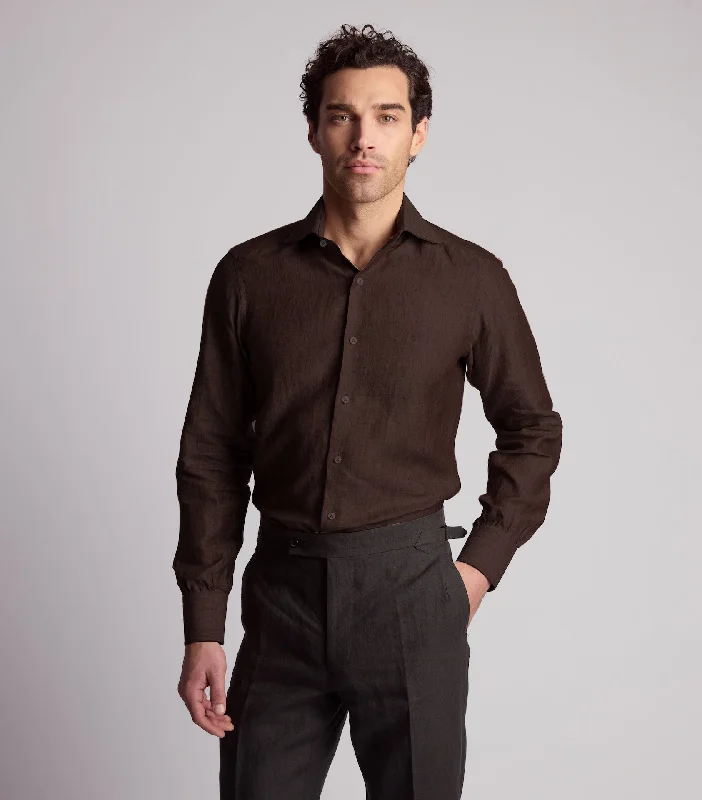 Breathable Men's Linen ShirtsChocolate Brown Chambray Linen Shirt