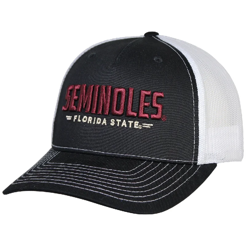Vibrant Baseball HatsUscape Seminoles/Florida State Garnet Design Adjustable 5-Panel Richardson Trucker Cap - Black/White Vibrant Baseball HatsUscape Seminoles/Florida State Garnet Design Adjustable 5-Panel Richardson Trucker Cap - Black/White