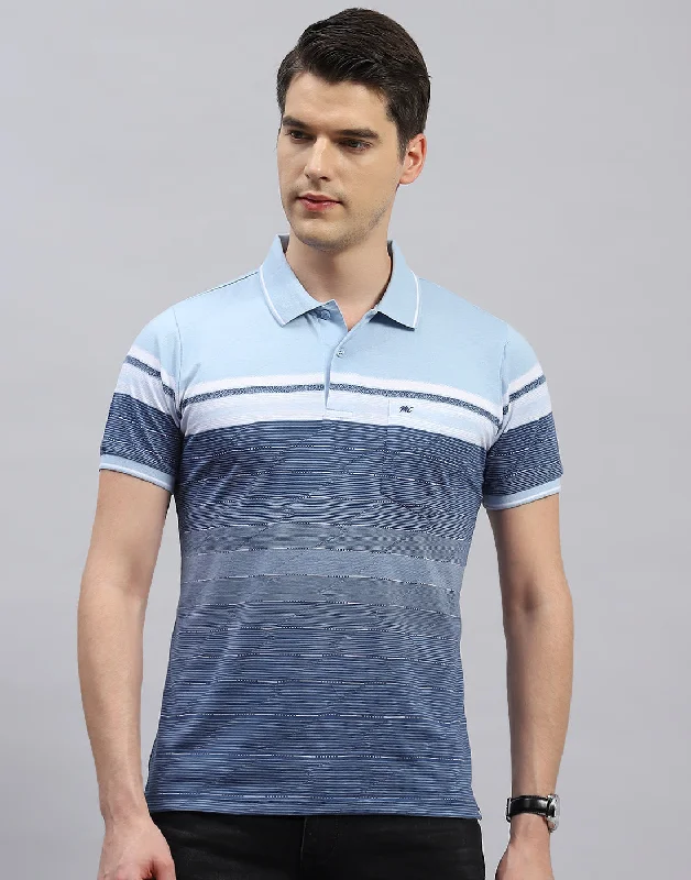 Men's Shirts with Short PlacketsMen Sky Blue Stripe Polo Collar Half Sleeve T-Shirt Men's Shirts with Short PlacketsMen Sky Blue Stripe Polo Collar Half Sleeve T-Shirt