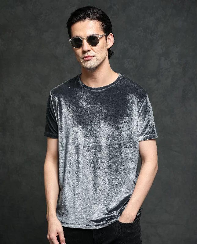 Men's Shirts with Patchwork PatternsRare Rabbit Men's Timo Grey Polyester Fabric Crew Neck Half Sleeves Velvet Texture Solid T-Shirt Men's Shirts with Patchwork PatternsRare Rabbit Men's Timo Grey Polyester Fabric Crew Neck Half Sleeves Velvet Texture Solid T-Shirt