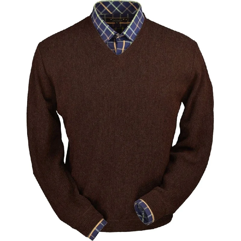Classic Men's Wool SweatersBaby Alpaca 'Links Stitch' V-Neck Sweater in Bark Heather by Peru Unlimited Classic Men's Wool SweatersBaby Alpaca 'Links Stitch' V-Neck Sweater in Bark Heather by Peru Unlimited
