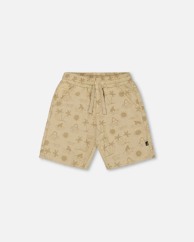 Men's Versatile Outdoor Adventure ShortsPrinted French Terry Short Beige With Palm Trees