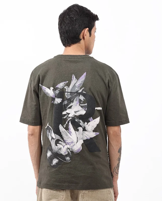 Men's Shirts with Scoop NecksRare Rabbit Articale Men's Magiq Olive Cotton Polyester Fabric Crew Neck Oversized Fit Graphic Abstract Print T-Shirt