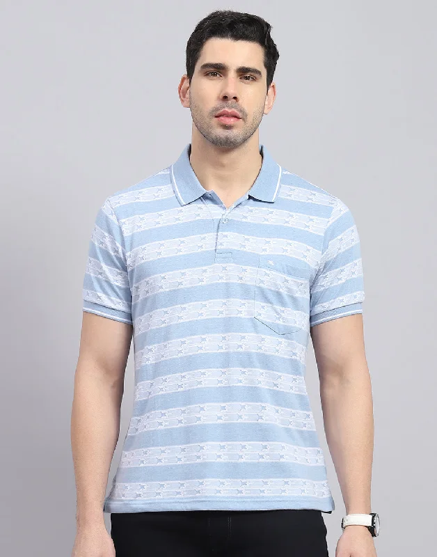 Men's Shirts with French CuffsMen Blue Stripe Polo Collar Half Sleeve T-Shirt