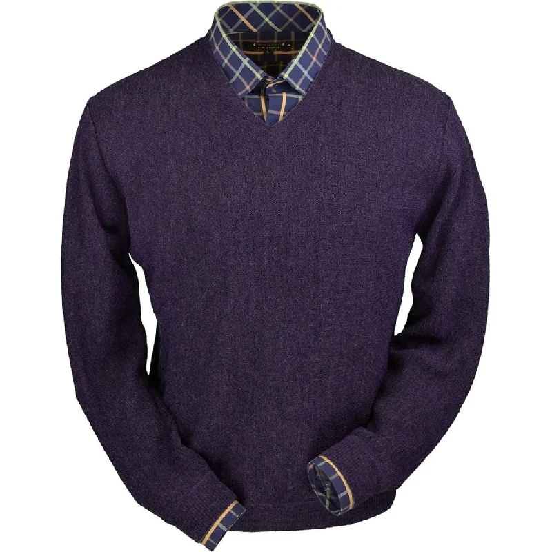 Men's Sweaters with Herringbone PatternsBaby Alpaca 'Links Stitch' V-Neck Sweater in Plum Heather by Peru Unlimited Men's Sweaters with Herringbone PatternsBaby Alpaca 'Links Stitch' V-Neck Sweater in Plum Heather by Peru Unlimited
