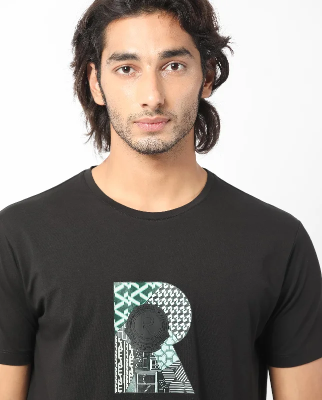 Men's Shirts with Antimicrobial TreatmentRare Rabbit Men's Misor Black Crew Neck Half Sleeves Regular Fit Applique Rare Badge Graphic Print T-Shirt Men's Shirts with Antimicrobial TreatmentRare Rabbit Men's Misor Black Crew Neck Half Sleeves Regular Fit Applique Rare Badge Graphic Print T-Shirt