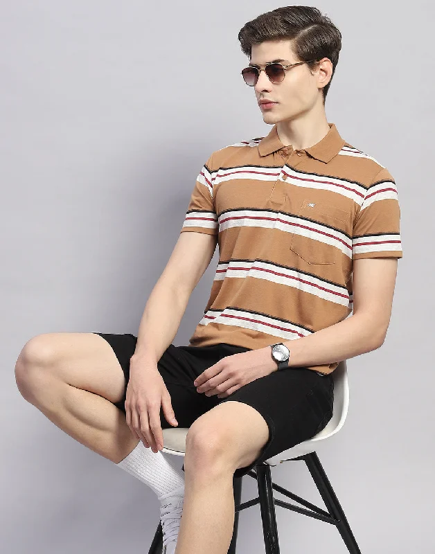 Men's Short-Sleeved ShirtsMen Brown Stripe Polo Collar Half Sleeve T-Shirt