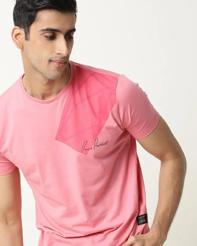 Men's Shirts with Double-Breasted DesignsRare Rabbit Men's Pecc Pink Crew Neck Graphic Printed Half Sleeves Slim Fit T-Shirt Men's Shirts with Double-Breasted DesignsRare Rabbit Men's Pecc Pink Crew Neck Graphic Printed Half Sleeves Slim Fit T-Shirt