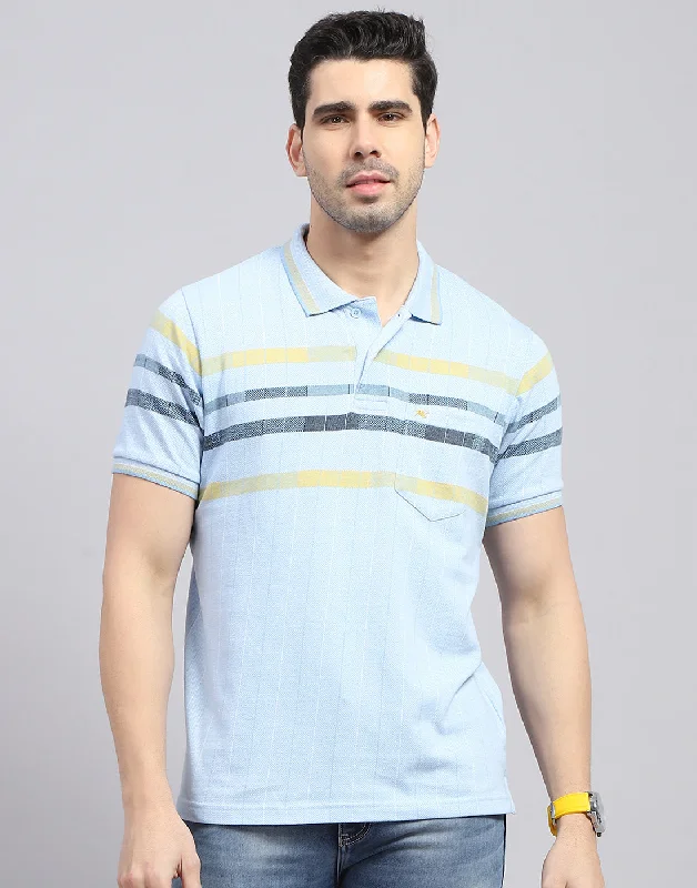 Men's Shirts with Cowl NecksMen Blue Stripe Polo Collar Half Sleeve T-Shirt