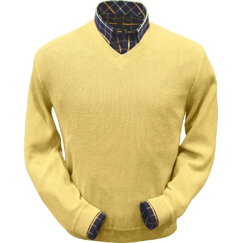 Men's Sweaters with Built-In ScarvesBaby Alpaca 'Links Stitch' V-Neck Sweater in Yellow by Peru Unlimited Men's Sweaters with Built-In ScarvesBaby Alpaca 'Links Stitch' V-Neck Sweater in Yellow by Peru Unlimited