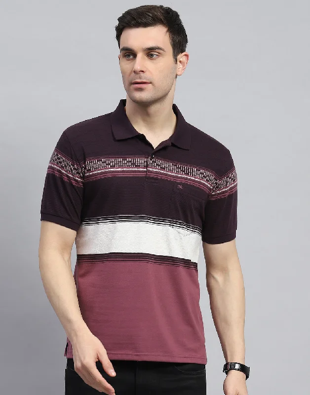 Warm Men's Fleece-Lined TopsMen Purple Stripe Polo Collar Half Sleeve T-Shirt