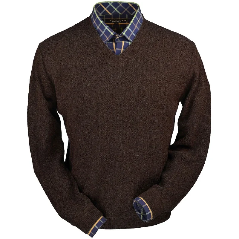 Men's Sweaters for AutumnBaby Alpaca 'Links Stitch' V-Neck Sweater in Dark Brown Heather by Peru Unlimited Men's Sweaters for AutumnBaby Alpaca 'Links Stitch' V-Neck Sweater in Dark Brown Heather by Peru Unlimited