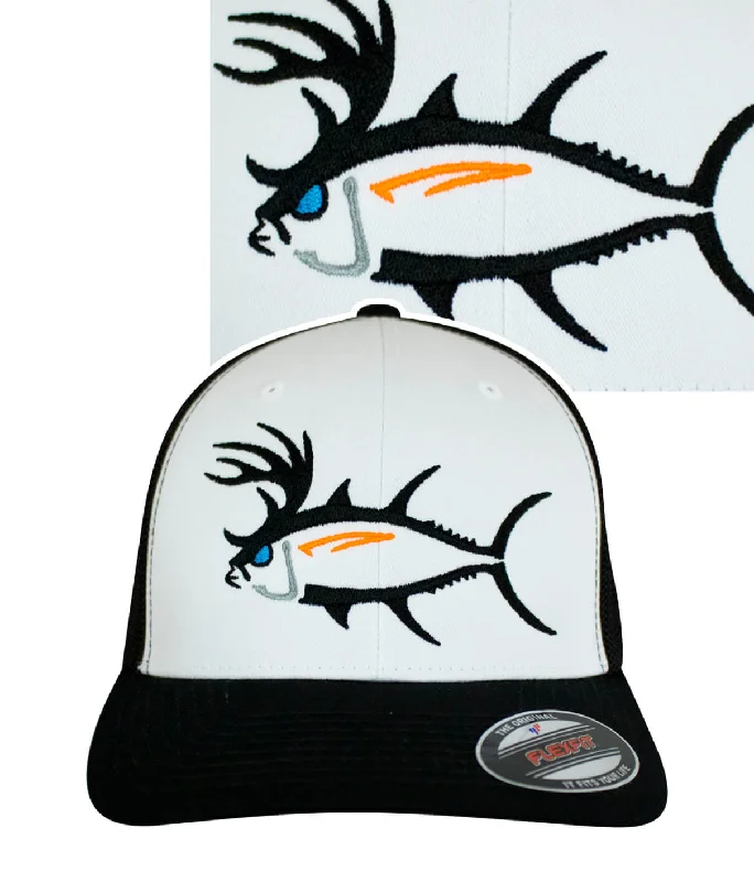 Female Fisherman Hats"Buck-Eye" Black & White Unisex Meshback Flexfit Hat