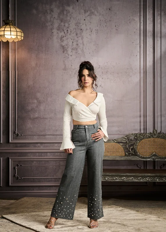 Unique Men's Jeans DesignsCosima Grey High-Waisted Rhinestone Embellished Jeans