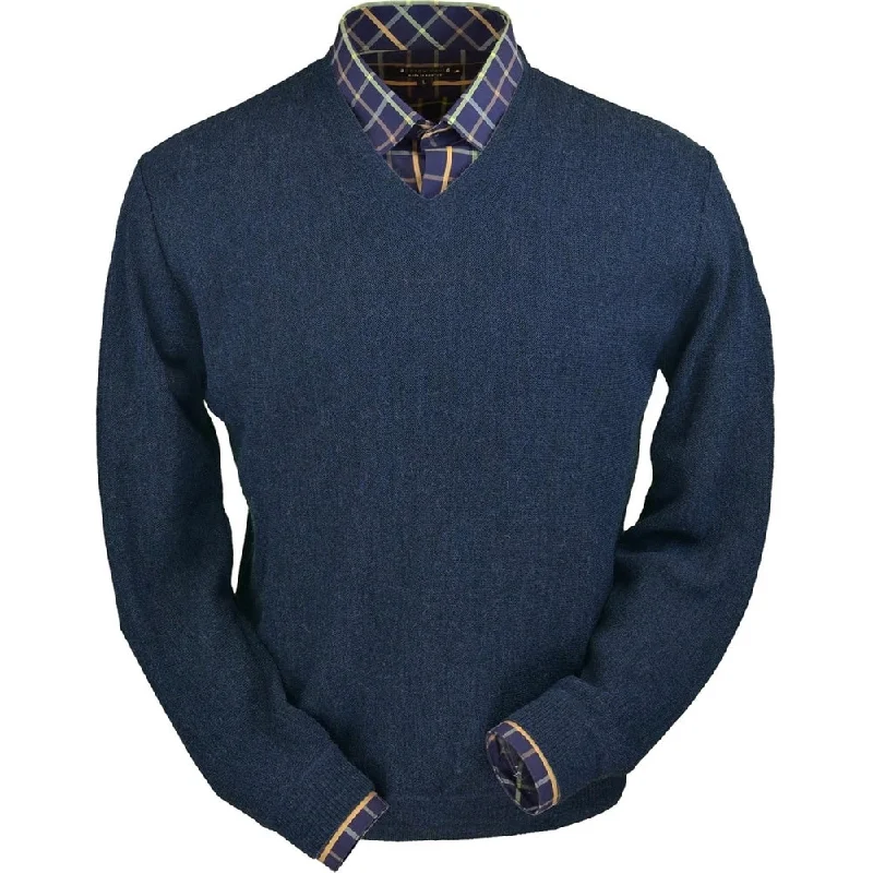 Essential Men's V-Neck SweatersBaby Alpaca 'Links Stitch' V-Neck Sweater in Midnight Heather by Peru Unlimited Essential Men's V-Neck SweatersBaby Alpaca 'Links Stitch' V-Neck Sweater in Midnight Heather by Peru Unlimited
