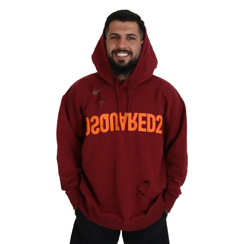 Men's Sweaters with Shawl CollarsDsquared² Maroon Cotton Tattered Hooded Printed Pullover Men's Sweater (Pre-Owned)