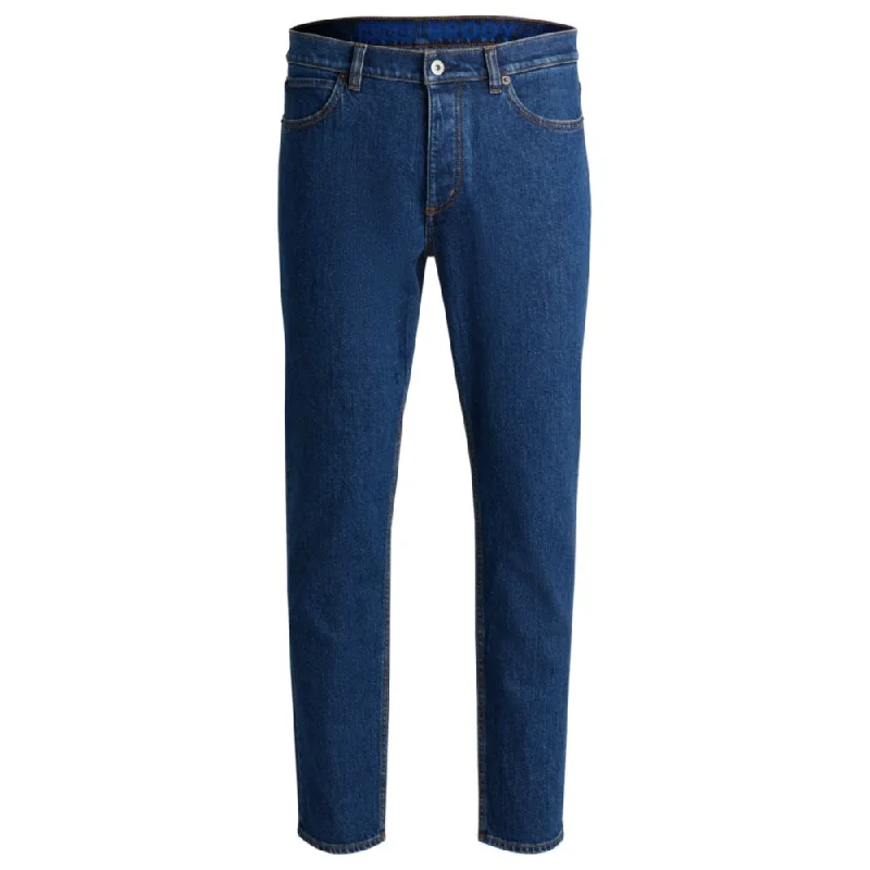 Men's Jeans with Embroidered LogosTapered-fit jeans in blue stretch denim