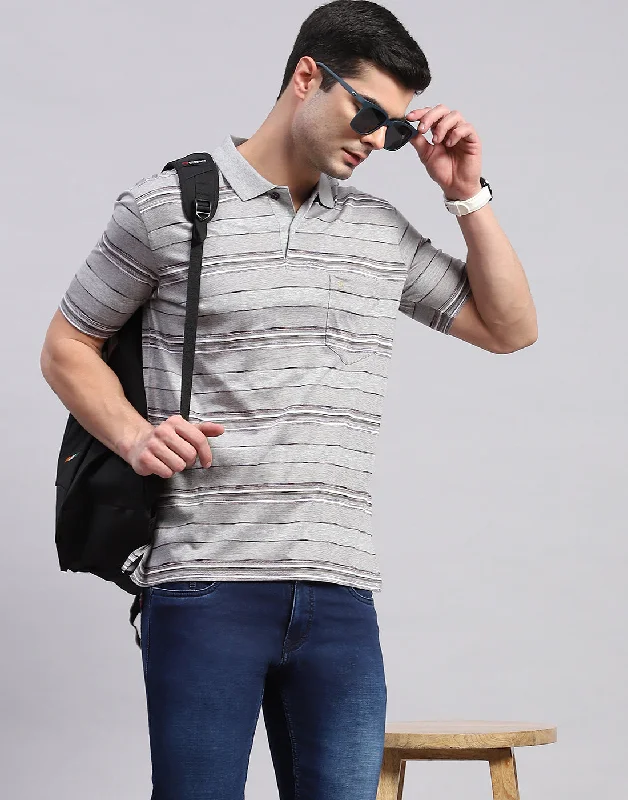 Casual Men's T-ShirtsMen Grey Stripe Polo Collar Half Sleeve T-Shirt