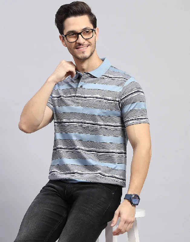 Men's Shirts with Snap ButtonsMen Sky Blue Stripe Polo Collar Half Sleeve T-Shirt