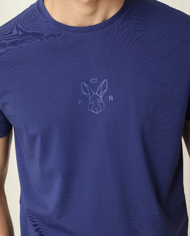 Casual Men's T-ShirtsRare Rabbit Men's Ovale Blue Cotton Lycra Fabric Crew Neck Half Sleeves Regular Fit Graphic Printed Logo T-Shirt