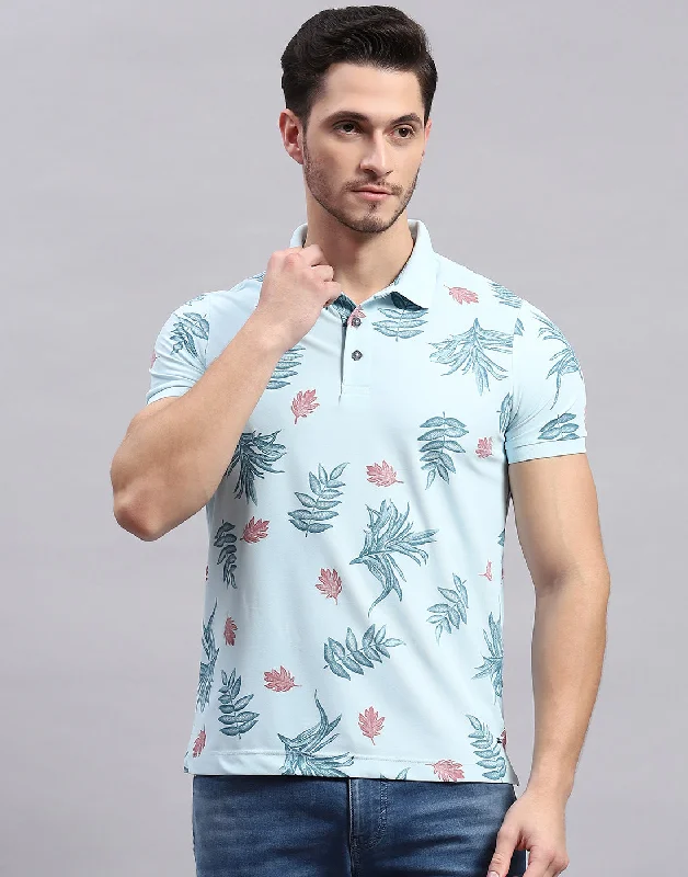 Durable Men's Work ShirtsMen Sky Blue Printed Polo Collar Half Sleeve T-Shirt
