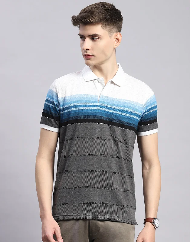Men's Shirts with Patch PocketsMen Grey Stripe Polo Collar Half Sleeve T-Shirt