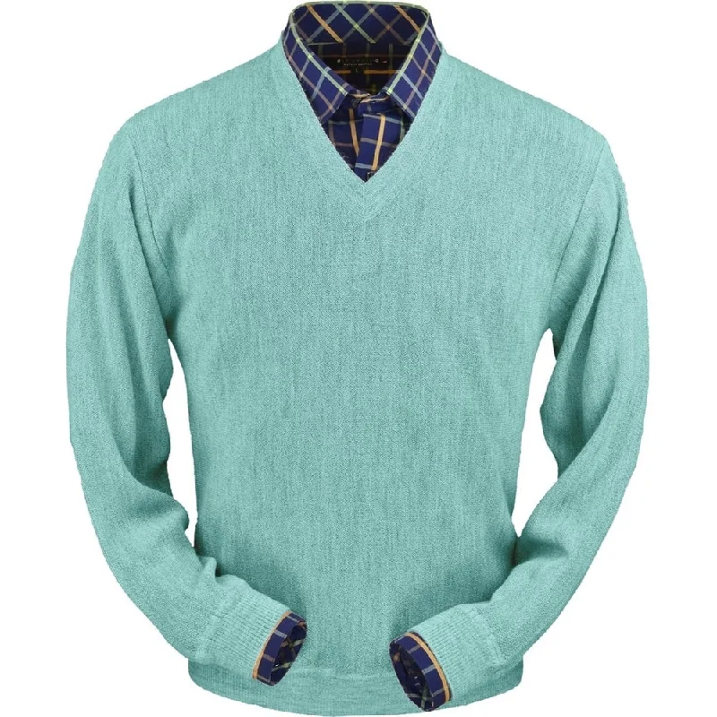 Men's Sweaters with Hidden PocketsBaby Alpaca 'Links Stitch' V-Neck Sweater in Aqua Heather by Peru Unlimited Men's Sweaters with Hidden PocketsBaby Alpaca 'Links Stitch' V-Neck Sweater in Aqua Heather by Peru Unlimited