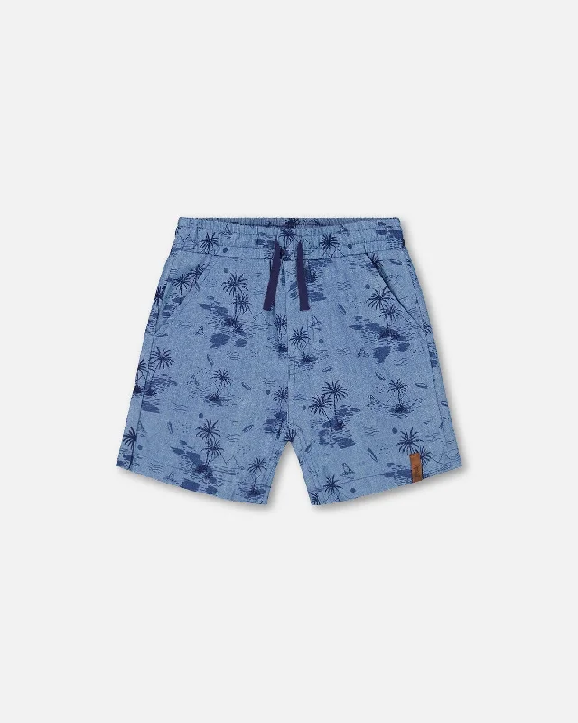 Warm-Weather Men's Linen and Cotton Casual ShortsPrinted Chambray Short Pale Blue And Navy Warm-Weather Men's Linen and Cotton Casual ShortsPrinted Chambray Short Pale Blue And Navy
