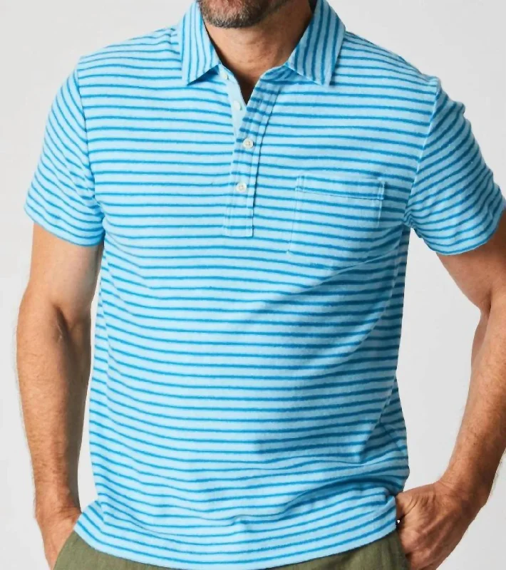Men's Shirts with Drawstring WaistbandsStripe Hemp Cotton Polo Shirt In Day Blue