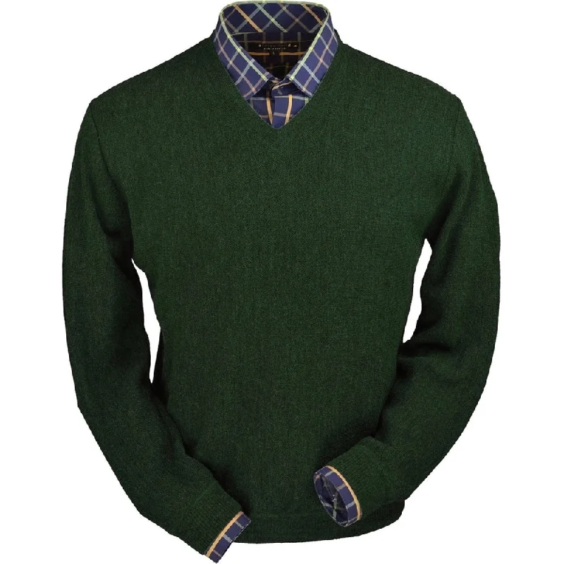 Men's Sweaters with Dropped ShouldersBaby Alpaca 'Links Stitch' V-Neck Sweater in Hunter Green Heather by Peru Unlimited Men's Sweaters with Dropped ShouldersBaby Alpaca 'Links Stitch' V-Neck Sweater in Hunter Green Heather by Peru Unlimited