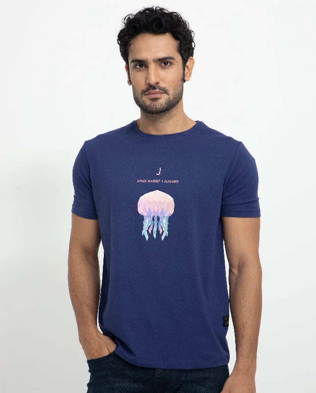 Striped Men's TopsRare Rabbit Men's Cubana Blue Crew Neck Discharge Print Half Sleeves Slim Fit T-Shirt Striped Men's TopsRare Rabbit Men's Cubana Blue Crew Neck Discharge Print Half Sleeves Slim Fit T-Shirt