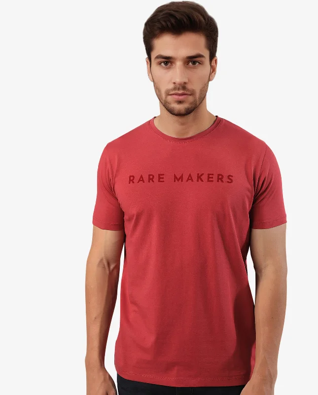 Men's Shirts with Adjustable CuffsRare Rabbit Men's Burke Dark Red Crew Neck Half Sleeves Velvet Branding Regular Fit T-Shirt